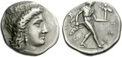 ARGOLIS, Argos. Circa 370-350 BC. AR Drachm (5.63 g, 12h). Head of Hera right, wearing stephane ornamented with palmettes and single-pendant earring / Diomedes, nude but for chlamys tied around neck, 