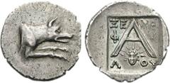 ARGOLIS, Argos. Circa 90-50 BC. AR Triobol (2.20 g, 4h). Xenophilos, magistrate. Forepart of wolf at bay right / Large A; facing head of Helios below, ΞE-NO/Φ-I/Λ-OY in three lines across field; all w