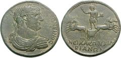 LYDIA, Nicaea. Caracalla. AD 198-217. Æ Medallion - 45mm (60.44 g, 6h). Struck AD 215-217. Laureate, draped, and cuirassed bust right / Caracalla, radiate and in military uniform, standing in quadriga