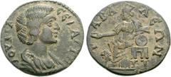 LYDIA, Tabala. Julia Domna. Augusta, AD 193-217. Æ 22mm (5.07 g, 6h). Draped bust right / Kybele seated left, resting arm on tympanum and holding phiale; at feet to left, lion seated left. LS -; SNG C