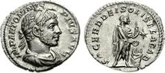 Elagabalus. AD 218-222. AR Denarius (3.05 g, 1h). Rome mint. Struck AD 221-222. Laureate and draped bust right, with horn above forehead / Elagabalus standing right, holding rod and sacrificing out of