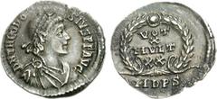 Theodosius I. AD 379-395. AR Siliqua (1.36 g, 6h). Mediolanum (Milan) mint. Struck AD 379-388. Pearl-diademed, draped, and cuirassed bust right / VOT/X/MVLT/XX in four lines within wreath; MDPS. RIC V