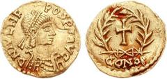 Julius Nepos. AD 474-475/480. AV Tremissis (1.48 g, 12h). Mediolanum (Milan) mint. Pearl-diademed, draped, and cuirassed bust right / Cross within wreath; CONOB. Cf. RIC X p. 206; cf. Lacam pl. CLXXII