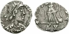 VANDALS. temp. Gaiseric to Gunthamund. Circa 440-490. AR Half Siliqua (0.63 g, 2h). Imitative Group. Pseudo-Ravenna mint in Carthage. Struck in the name of Honorius. D N [HONORI V]S P F [ΛVG], pearl-d