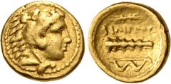 Greek KINGS of MACEDON. temp. Philip II – Alexander III. Circa 340/36-328 BC. AV Quarter Stater (11mm, 2.10 g, 11h). In the name and types of Philip II. Pella mint. Head of Herakles right, wearing lio