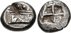 Greek LYCIA, Phaselis. Circa 530-500 BC. AR Stater (21mm, 10.93 g). Prow of galley right, terminating in a boar's forepart; [below, dolphin right] / Incuse square divided into three sections. Heipp-Ta