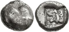 Greek DYNASTS of LYCIA. Uncertain dynast. Circa 480/70-430 BC. AR Stater (18mm, 9.14 g, 4h). Pegasos flying left, T on hind quarter / Head of lion right, T on neck; star to upper left; all in dotted s