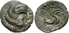 Celtic GAUL, Northwest. Coriosolites. Circa 100-50 BC. BI Stater (22mm, 6.39 g, 6h). Celtic head right, hair in large spiral curls, S-like ear / Celticized rider on horseback right; [square ornament t