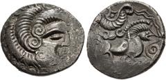Celtic GAUL, Northwest. Coriosolites. Circa 100-50 BC. BI Stater (23mm, 6.35 g, 2h). Celtic head right, hair in large spiral curls, S-like ear / Celticized rider on horseback right; spiral ornament to