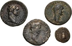 Large Lots ROMAN. Imperial. Lot of four (4) mostly bronze issues from Domitian to Nerva. Includes: Domitian. Æ As (2) // Nerva. Æ Quadrans // Nerva. Fourrée Cistophorus. Fair to VF. LOT SOLD AS IS, NO