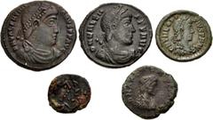 Large Lots ROMAN. Imperial. Lot of five (5) late Roman bronze issues. Includes: Valens // Valentinian I // Theodosius I // Arcadius. Lot also includes a Carthage mint bronze of Justinian I. VF or bett