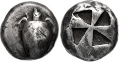 Greek ISLANDS off ATTICA, Aegina. Circa 510-490 BC. AR Stater (18mm, 11.73 g). Sea turtle, head in profile, with [thin collar] and row of dots down its back / Incuse square with mill-sail pattern. Mea