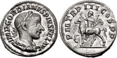 Roman Imperial Gordian III. AD 238-244. AR Denarius (18mm, 2.94 g, 11h). Rome mint, 6th officina. 7th emission, mid AD 240. Laureate, draped, and cuirassed bust right / Gordian on horseback prancing l