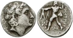 KINGS of MACEDON. Demetrios I Poliorketes. 306-283 BC. AR Drachm (18mm, 4.08 g, 12h). Ephesos mint. Struck circa 301-295 BC. Diademed head right, with bull's horn / Poseidon advancing left, brandishin