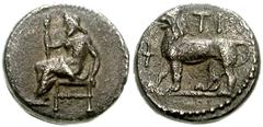 PERSIA, Alexandrine Empire. Uncertain satraps of Babylon. Circa 328-311 BC. AR 1/3 Stater (13mm, 3.99 g, 12h). Babylon mint. Baal seated left, holding scepter propped on knee / Lion advancing left; to