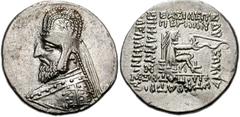 KINGS of PARTHIA. Mithradates III. Circa 87-80 BC. AR Drachm (19mm, 4.07 g, 12h). Rhagai mint. Diademed bust left, wearing tiara / Archer (Arsakes I) seated right on throne, holding bow. Assar, Revise