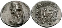 KINGS of PARTHIA. Phraates III. Circa 70/69-58/7 BC. AR Drachm (20mm, 3.91 g, 12h). Ekbatana mint. Struck circa 67/6-63/2 BC. Diademed bust left / Archer (Arsakes I) seated right on throne, holding bo