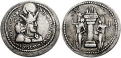SASANIAN KINGS. Shahpur I. AD 240-272. AR Hemidrachm (20mm, 1.99 g, 3h). Mint I (Ctesiphon). Phase 1b, circa AD 244-252. Draped bust right, wearing headdress with globe / Fire altar flanked by attenda