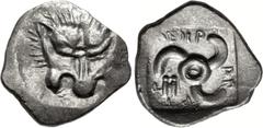 Greek DYNASTS of LYCIA. Mithrapata. Circa 390-370 BC. AR Sixth Stater (13mm, 1.21 g). Uncertain mint. Lion scalp facing / Triskeles; astragalos in one section; all within incuse square. Müseler VII 83