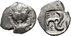 Greek DYNASTS of LYCIA. Mithrapata. Circa 390-370 BC. AR Sixth Stater (14.5mm, 1.32 g). Uncertain mint. Facing lion scalp / Triskeles; arrow in one section; all within incuse square. Müseler VII 86–90