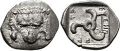 Greek DYNASTS of LYCIA. Mithrapata. Circa 390-370 BC. AR Sixth Stater (14.5mm, 1.38 g). Uncertain mint. Facing lion scalp / Triskeles; labrys in one section; all within incuse square. CNG E-473, lot 1