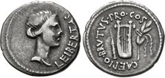 Roman Republican The Republicans. Brutus. Spring-early summer 42 BC. AR Denarius (18.5mm, 3.68 g, 12h). Military mint traveling with Brutus in Lycia. Head of Libertas right / Lyre between quiver to le