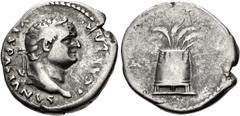 Roman Imperial Titus. As Caesar, AD 69-79. AR Denarius (18mm, 3.32 g, 6h). Rome mint. Struck July AD 77-December 78. T CAESAR VESPASIANVS, laureate head right / IMP X[III], modius filled with stalks o