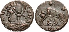 Roman Imperial Commemorative Series. AD 330-354. Æ Follis (13mm, 1.42 g, 6h). Imitating Urbs Roma type. Unofficial mint in East Anglia. Struck circa AD 335-339. VRBS ROMA, helmeted and mantled bust of