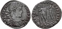 Roman Imperial Constantius II. AD 337-361. Æ Centenionalis (21mm, 4.47 g, 6h). Siscia mint, 2nd officina. Struck AD 350. Pearl-diademed, draped, and cuirassed bust right; A behind, star before / Const