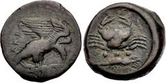 Greek SICILY, Akragas. Circa 415-406 BC. Æ Tetras – Trionkion (21mm, 10.05 g, 5h). Eagle, wings spread, standing right on, and tearing at, dead hare right / Crab; below, three pellets (mark of value) 