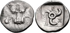 Greek DYNASTS of LYCIA. Mithrapata. Circa 390-370 BC. AR Sixth Stater (13.5mm, 1.53 g). Uncertain mint. Facing lion scalp / Triskeles; arrow in one section; all within incuse square. Müseler VII 86–8.