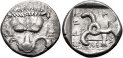Greek DYNASTS of LYCIA. Mithrapata. Circa 390-370 BC. AR Sixth Stater (12mm, 1.35 g). Uncertain mint. Facing lion scalp / Triskeles; labrys in one section; all within incuse square. CNG E- 469, lot 13