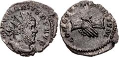 Roman Imperial Marius. Romano-Gallic Emperor, AD 269. Antoninianus (19mm, 2.16 g, 6h). Treveri (Trier) mint. 2nd emission, circa mid AD 269. Radiate, draped, and cuirassed bust right / Clasped right h