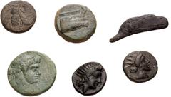 Large Lots GREEK. Asia Minor. Lot of six (6) bronze issues. Includes: IONIA, Ephesos // Miletos // ISLANDS off CARIA, Rhodes (2) // LYCIA, Phaselis. Lot also includes a bronze dolphin coin of Olbia. F