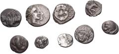 Large Lots GREEK. Miscellaneous. Lot of nine (9) silver fractions. Includes: GAUL, Massalia. AR Obol // EUBOIA, Histiaia. AR Tetrobol // THRACE, Abdera. AR Diobol // Apollonia Pontika. AR Drachm // AR
