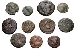 Large Lots MIXED. Greek–Roman Republican. Lot of eleven (11) bronze issues. Includes: various types of Magna Graecia and Sicily, with three (3) Republican bronze issues. Fine to VF. LOT SOLD AS IS, NO