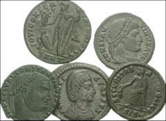 ROMAN. Imperial. Æ from Licinius I through Helena. Includes: all folles. Licinius I // Constantine I (2) // Helena. Average VF condition. LOT SOLD AS IS, NO RETURNS. Five (5) coins in lot.