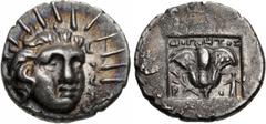 Greek ISLANDS off CARIA, Rhodos. Rhodes. Circa 125-88 BC. AR Hemidrachm (13mm, 1.38 g, 5h). 'Plinthophoric' coinage. Diognetos, magistrate. Radiate head of Helios facing slightly right / Rose with bud