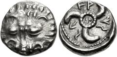 Greek DYNASTS of LYCIA. Vekhssere II. Circa 410/00-390/80 BC. AR Third Stater (14.5mm, 2.94 g). Zagaba or Tymnessos mint. Facing lion scalp / Triskeles; monogram in center, WE-XS-SE (in Lycian) around