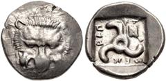 Greek DYNASTS of LYCIA. Mithrapata. Circa 390-370 BC. AR Sixth Stater (13mm, 1.41 g). . Uncertain mint. . , Facing lion scalp / Triskeles; atragalos in one section; all within incuse square. Müseler V