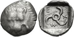 Greek DYNASTS of LYCIA. Mithrapata. Circa 390-370 BC. AR Sixth Stater (13mm, 1.33 g). Uncertain mint. Facing lion scalp / Triskeles; arrow in one section; all within incuse square. Müseler VII 86–8; T