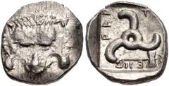 Greek DYNASTS of LYCIA. Mithrapata. Circa 390-370 BC. AR Sixth Stater (13mm, 1.42 g). . Uncertain mint. . , Facing lion scalp / Triskeles; labrys (double-axe) in one section; all within incuse square.