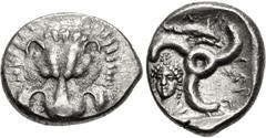 Greek DYNASTS of LYCIA. Perikles. Circa 380-360 BC. AR Third Stater (14.5mm, 3.03 g, 3h). Uncertain mint (Phellos?). Lion scalp facing / Triskeles; in one section, draped bust of female facing slightl