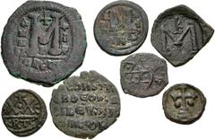 Large Lots BYZANTINE. Lot of seven (7) bronze issues. Includes: Justin II. Æ Follis // Heraclius. Æ Half Follis // Constans II. Æ Follis // Michael I. Æ Follis // Basil I. Æ // Constantine VII. Æ Foll