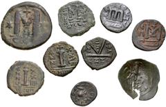 Large Lots BYZANTINE. Lot of nine (9) bronze issues. Includes: Justin I. Æ Follis // Justinian I. Æ Decanummium (3) // Justin II. Æ Half Follis // Constantine IV. Æ Follis // Andronicus II. Æ Trachy. 
