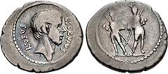 Merani Collection – Roman Republican Moneyer issues of Imperatorial Rome. L. Servius Rufus. 43 BC. AR Denarius (20.5mm, 3.65 g, 12h). Rome mint. Bare head (of Brutus?) right / The Dioscuri standing fa
