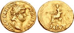 Merani Collection – Roman Imperial Nero. AD 54-68. AV Aureus (19mm, 7.15 g, 6h). Rome mint. Struck circa AD 65-66. NERO CAESAR AVGVSTVS, laureate head right / SALVS in exergue, Salus seated left on th