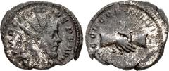Roman Imperial Marius. Romano-Gallic Emperor, AD 269. Antoninianus (20.5mm, 3.19 g, 1h). Treveri (Trier) mint. 2nd emission, circa mid AD 269. Radiate, draped, and cuirassed bust right / Clasped right