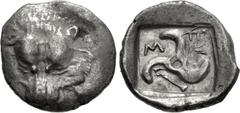 Greek DYNASTS of LYCIA. Mithrapata. Circa 390-370 BC. AR Sixth Stater (13mm, 1.48 g). Uncertain mint. Facing lion scalp / Triskeles; arrow in one section; all within incuse square. Müseler VII 86–90 v