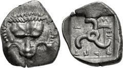 Greek DYNASTS of LYCIA. Mithrapata. Circa 390-370 BC. AR Sixth Stater (11.5mm, 1.37 g). Uncertain mint. Facing lion scalp / Triskeles; labrys in one section; all within incuse square. CNG E- 469, lot 